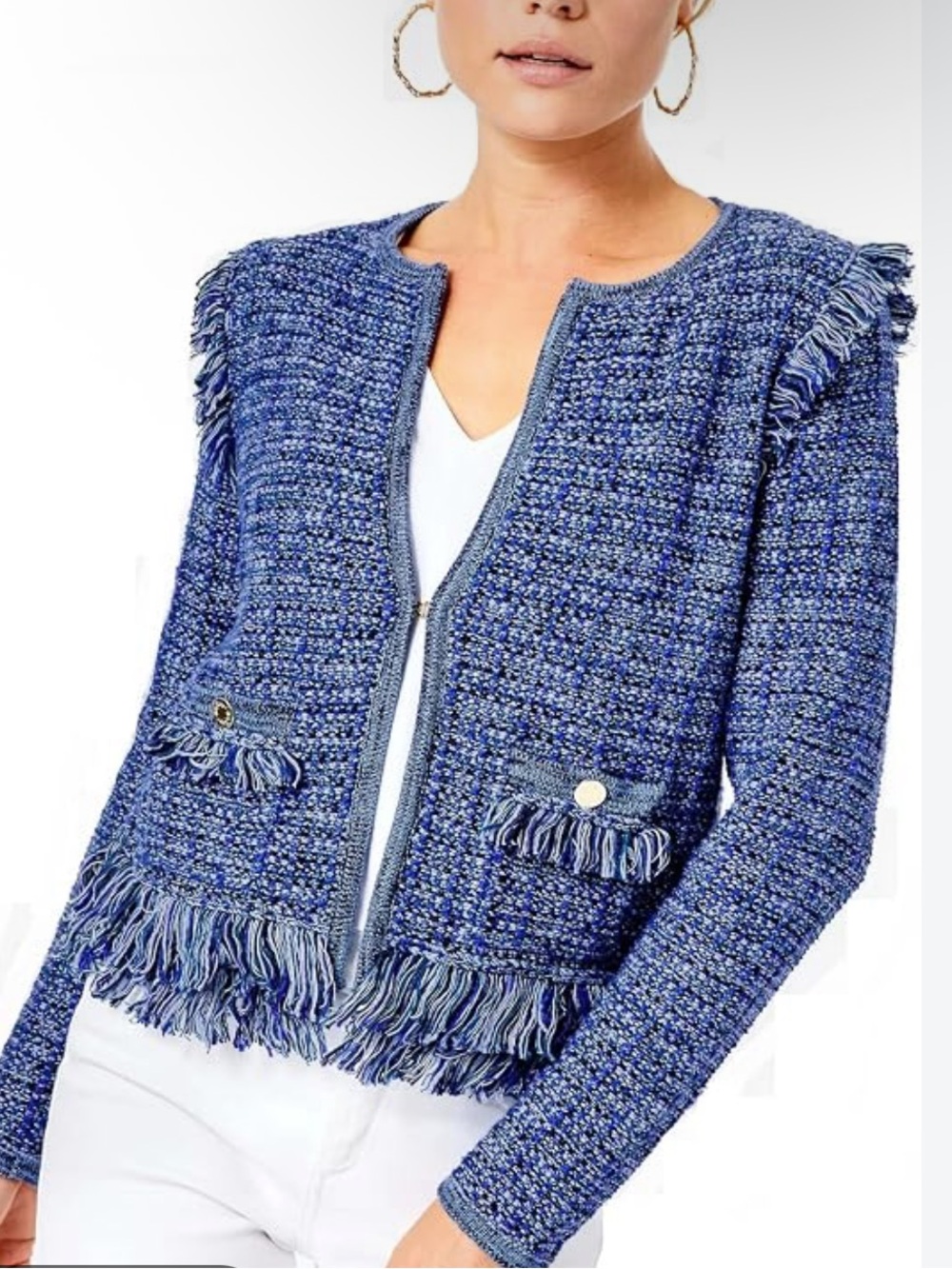 Lilly Pulitzer Simora Fringe Tweed Cardigan - Blue